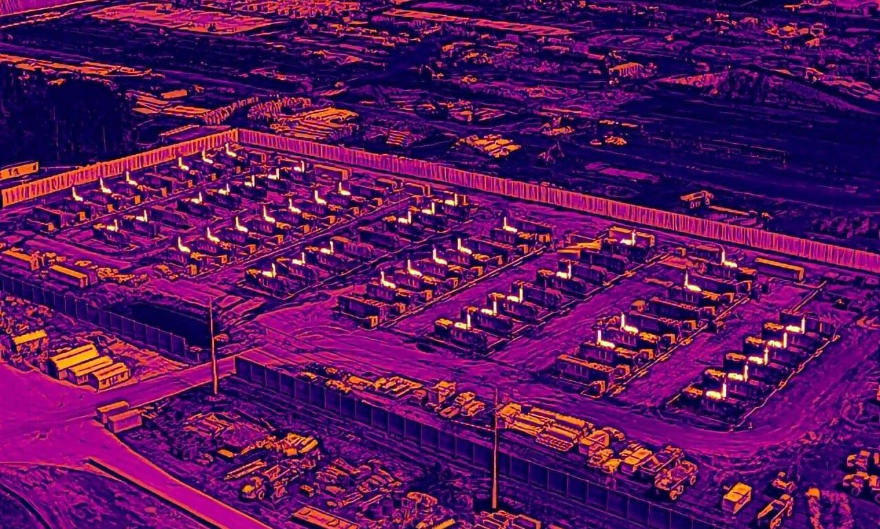 Aerial view of a sprawling data center campus, shown in vivid thermal colors